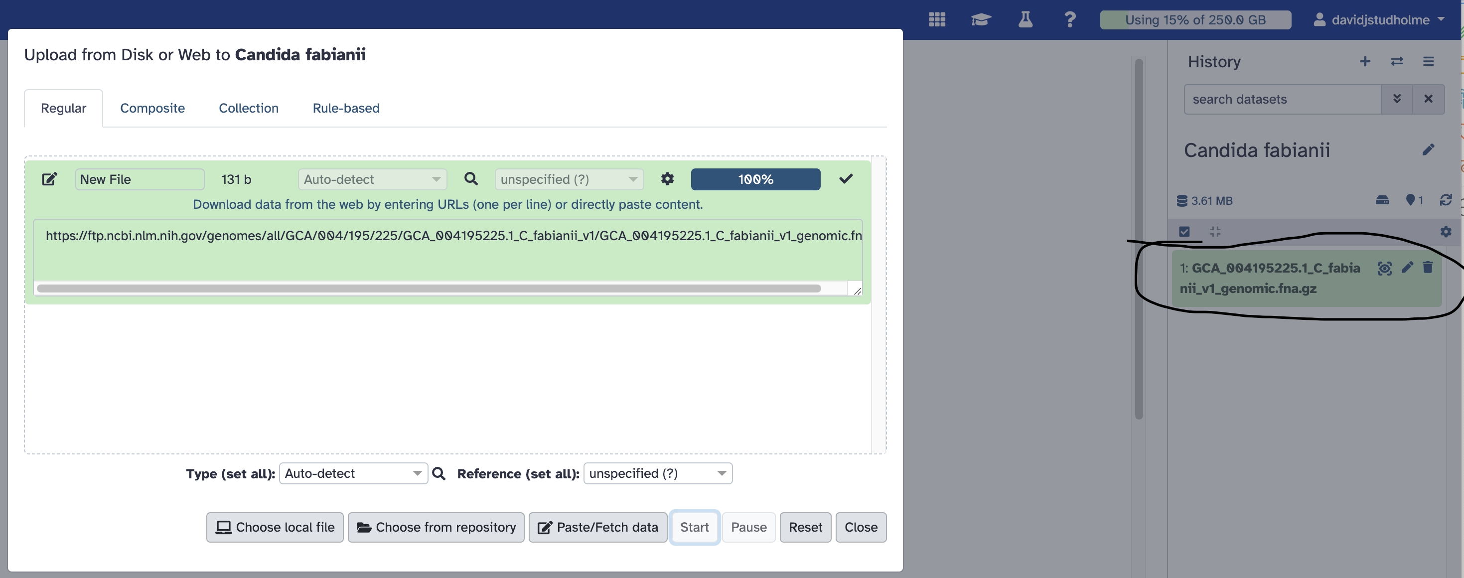 Uploading the C. fabianii genome sequence into Galaxy